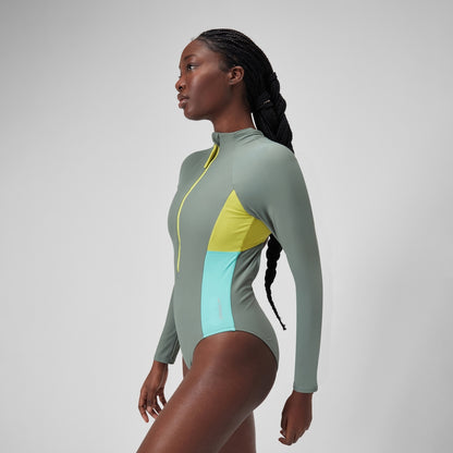 Long Sleeve Zip Colourblock Swimsuit Green | Speedo