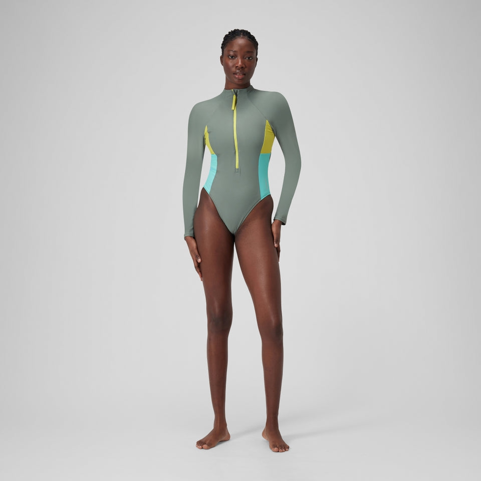 Long Sleeve Zip Colourblock Swimsuit Green | Speedo