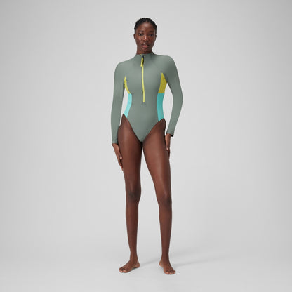 Long Sleeve Zip Colourblock Swimsuit Green | Speedo