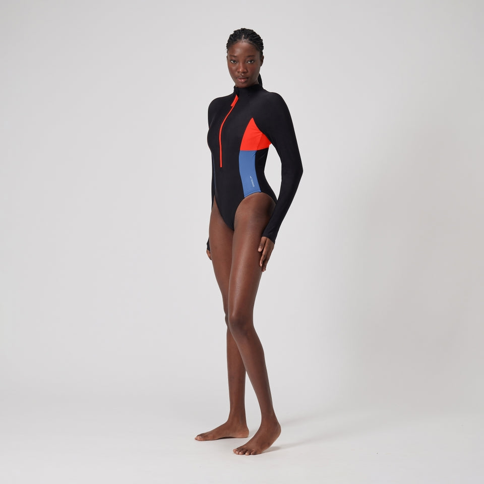 Colourblock Long Sleeve Zip Swimsuit Black/Red | Speedo