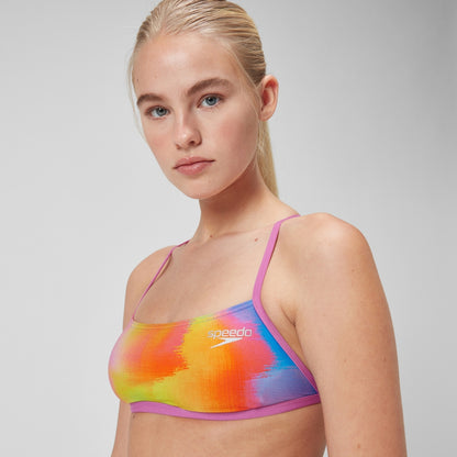 Club Training Allover Digital Cross Back Crop Top Bikini Top Pink/Yellow | Speedo
