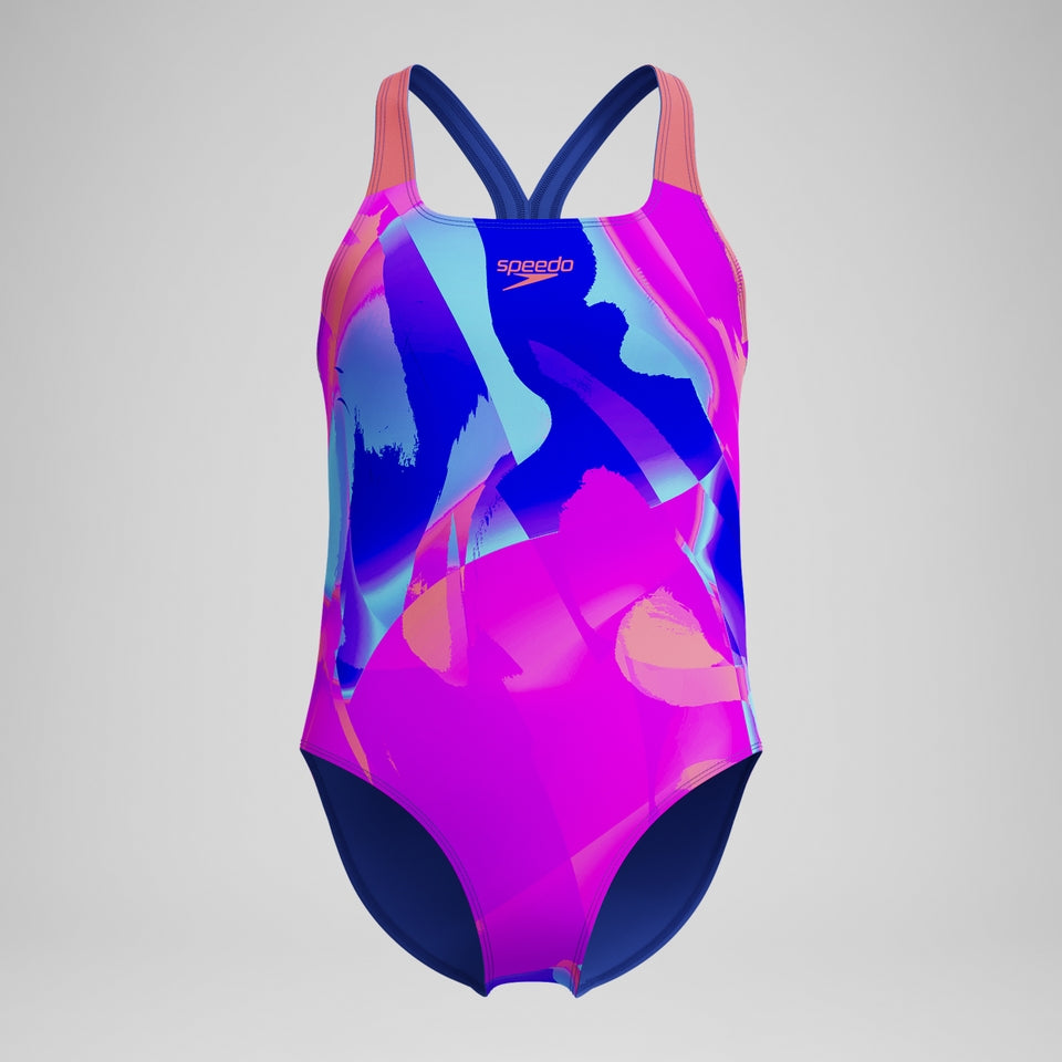 Girls' Digital Printed Powerback Swimsuit Pink/Blue | Speedo