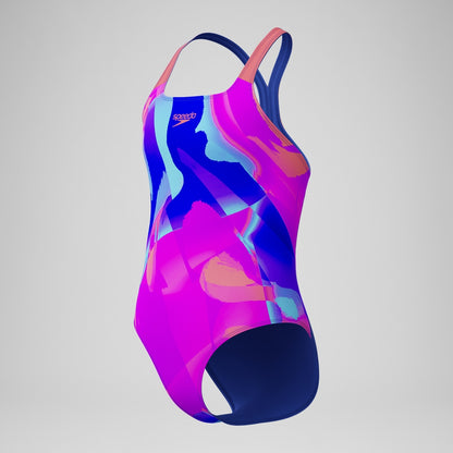 Girls' Digital Printed Powerback Swimsuit Pink/Blue | Speedo