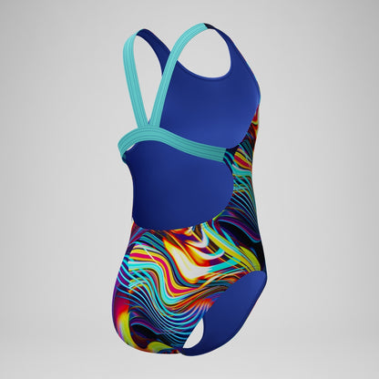 Girls' Digital Printed Powerback Swimsuit Blue/Purple | Speedo