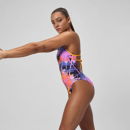 Club Training Printed Lattice Tie Back Swimsuit Navy/Orange | Speedo