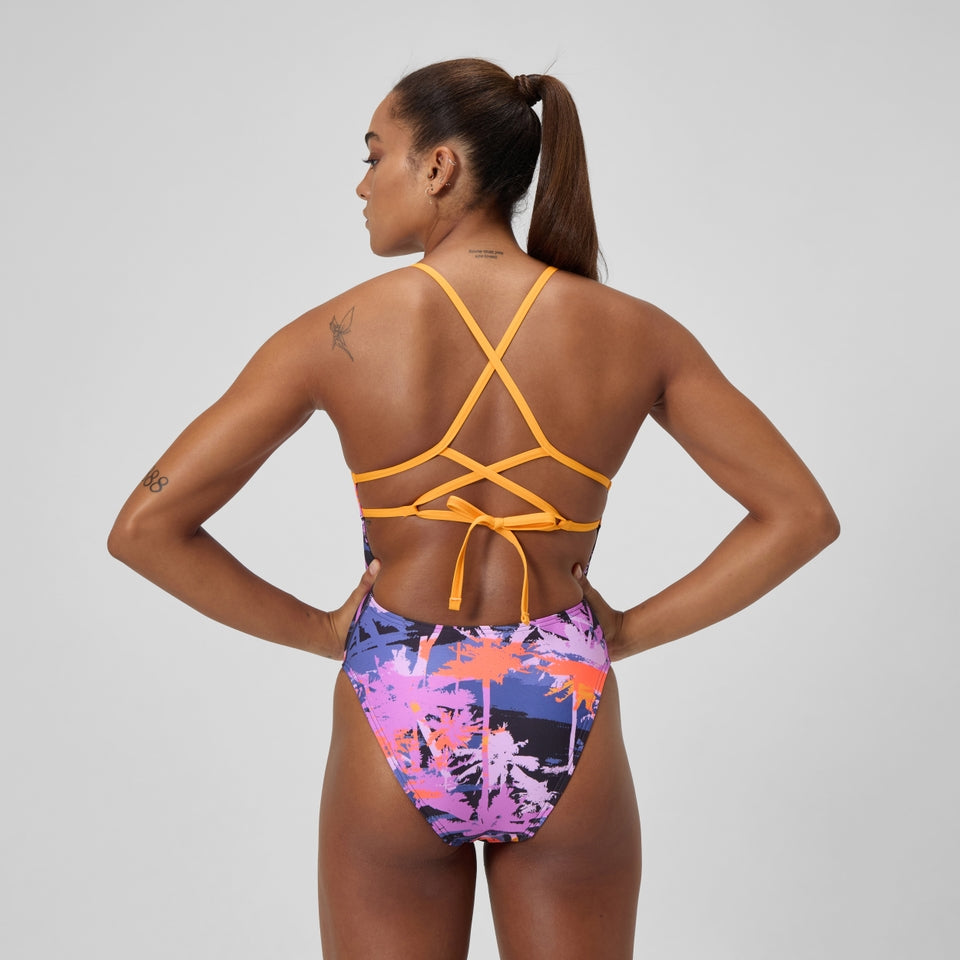 Club Training Printed Lattice Tie Back Swimsuit Navy/Orange | Speedo