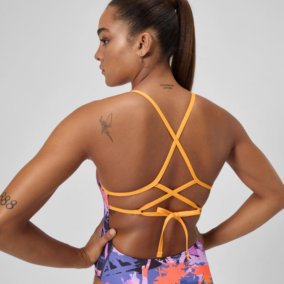 Club Training Printed Lattice Tie Back Swimsuit Navy/Orange | Speedo