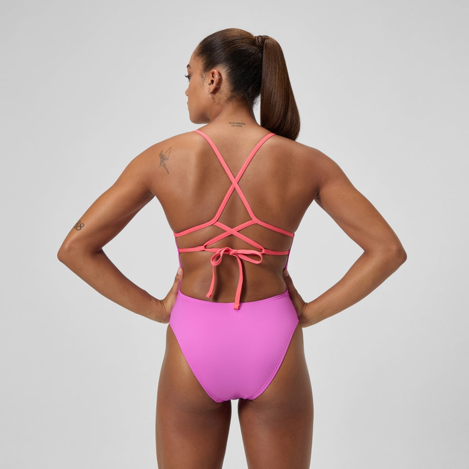 Club Training Solid Lattice Tie Back Swimsuit Pink/Coral | Speedo