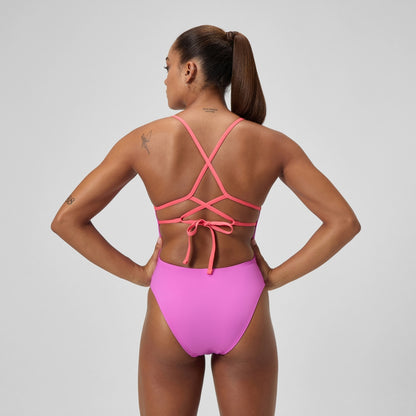 Club Training Solid Lattice Tie Back Swimsuit Pink/Coral | Speedo