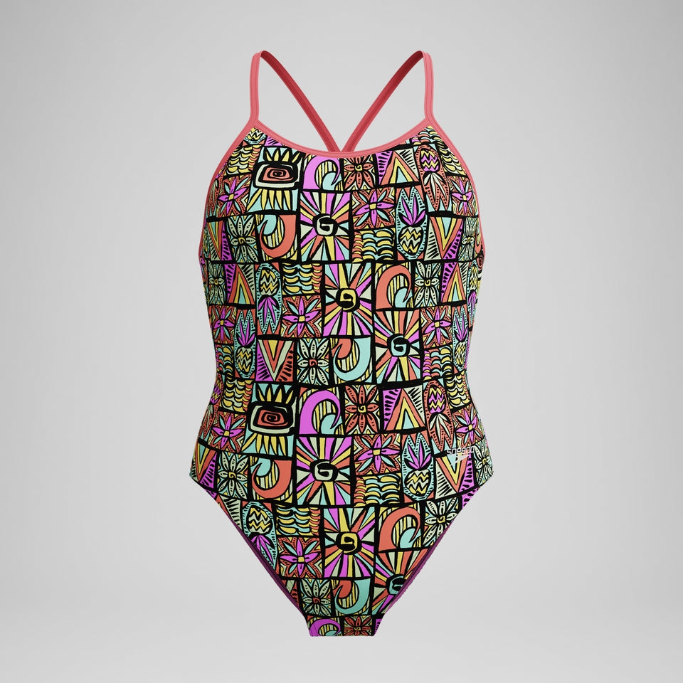 Girls' Club Training Printed V Back Swimsuit Black/Coral | Speedo