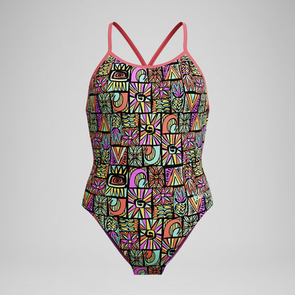 Girls' Club Training Printed V Back Swimsuit Black/Coral | Speedo