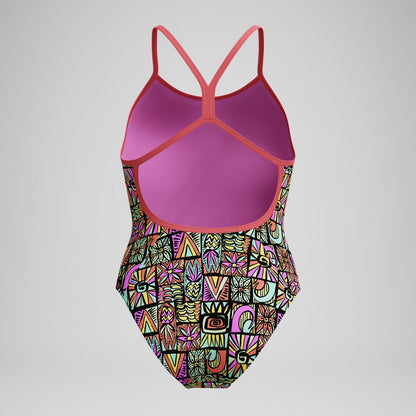 Girls' Club Training Printed V Back Swimsuit Black/Coral | Speedo