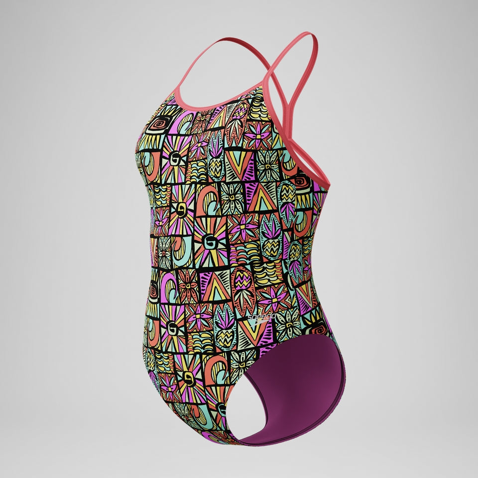 Girls' Club Training Printed V Back Swimsuit Black/Coral | Speedo