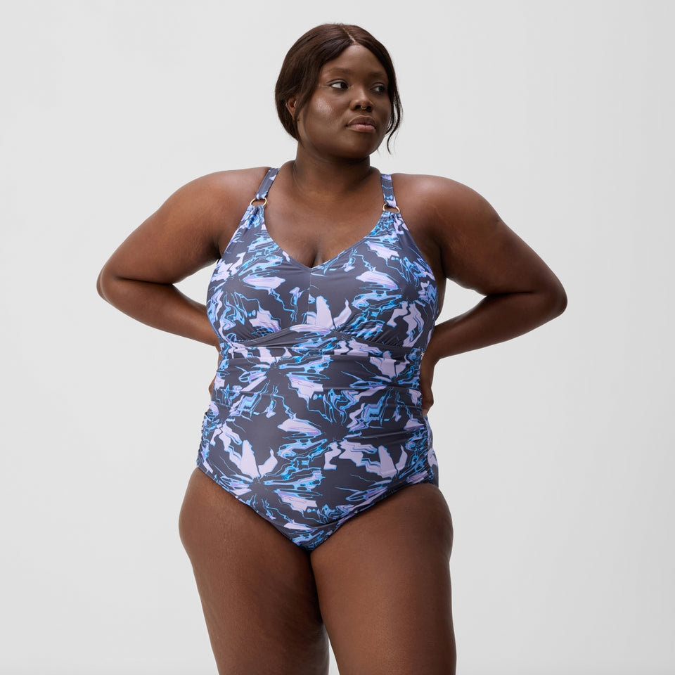 Plus Size Shaping V Neck Swimsuit Grey/Blue | Speedo