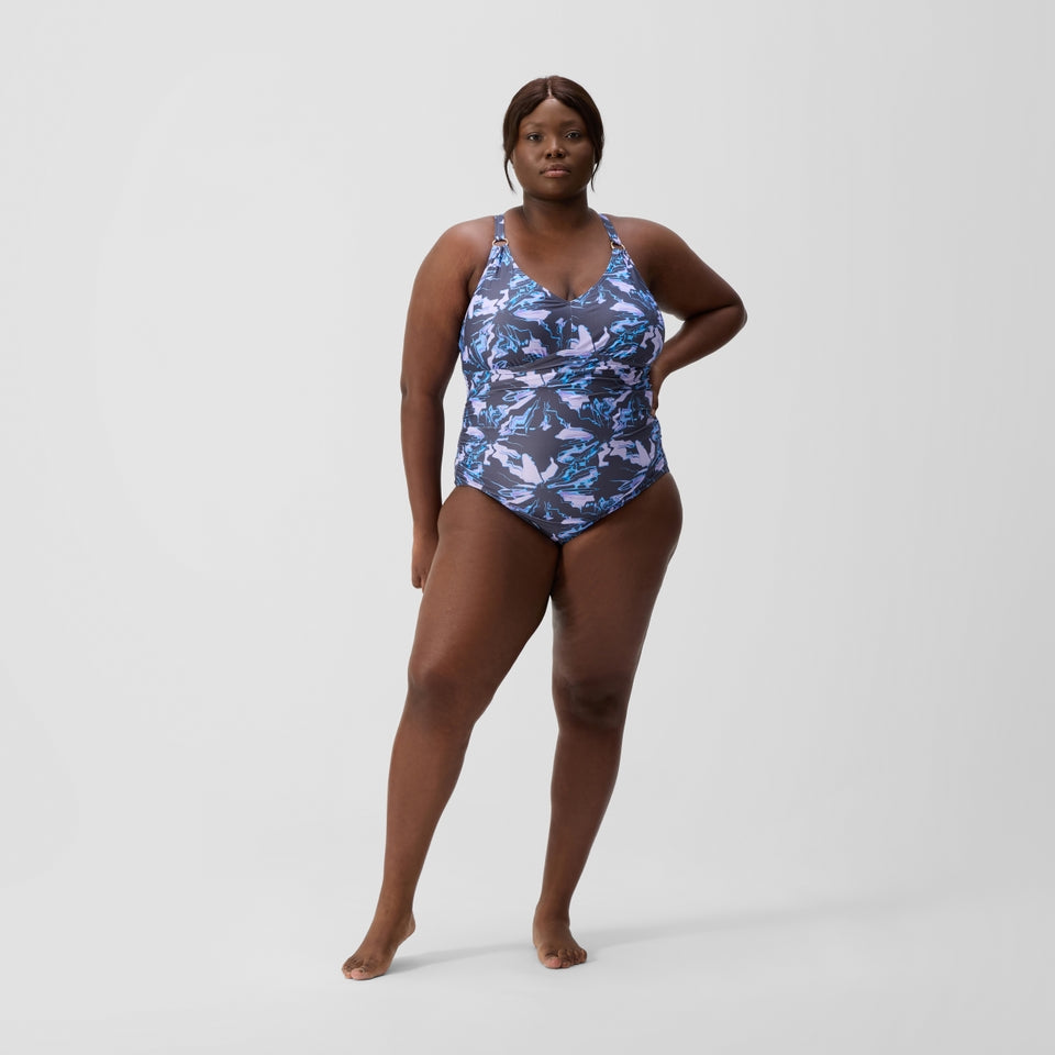 Plus Size Shaping V Neck Swimsuit Grey/Blue | Speedo