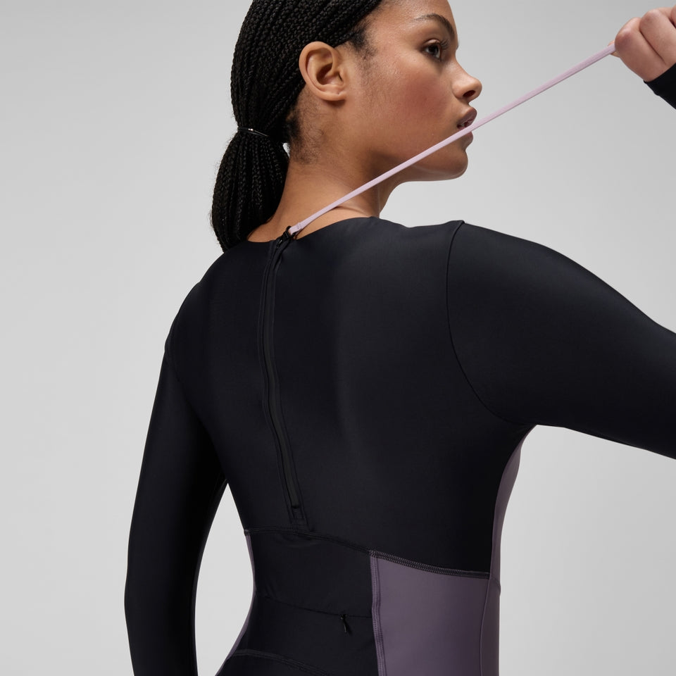 Long Sleeve Zip Back Swimsuit Black/Dark Grey | Speedo