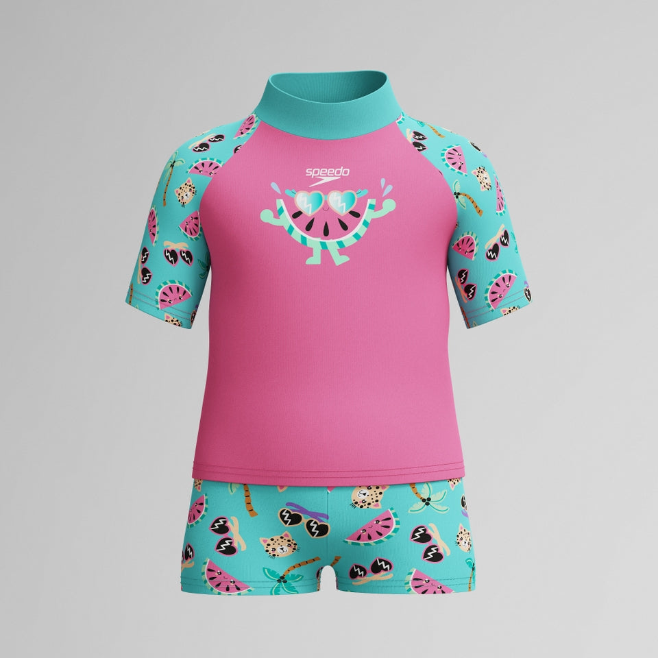 Infant Girls Learn to Swim Short Sleeve Rashguard Set Pink/Green | Speedo