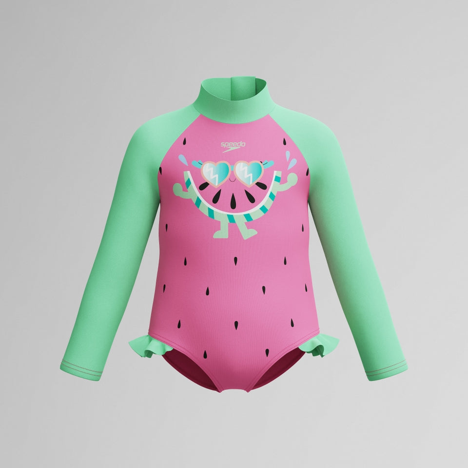 Infant Girls Learn to Swim Long Sleeve Frill Swimsuit Pink/Green | Speedo