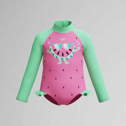 Infant Girls Learn to Swim Long Sleeve Frill Swimsuit Pink/Green | Speedo