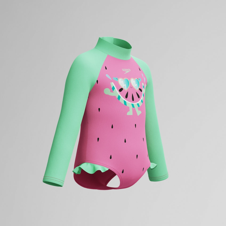 Infant Girls Learn to Swim Long Sleeve Frill Swimsuit Pink/Green | Speedo