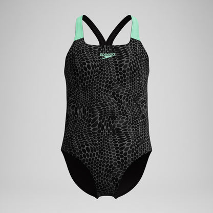 Girls Allover Powerback Swimsuit Black/Green | Speedo