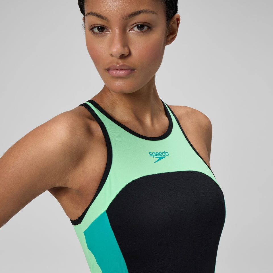 High Neck Splice Cross Back Swimsuit Black/Turquoise | Speedo