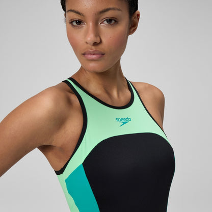 High Neck Splice Cross Back Swimsuit Black/Turquoise | Speedo