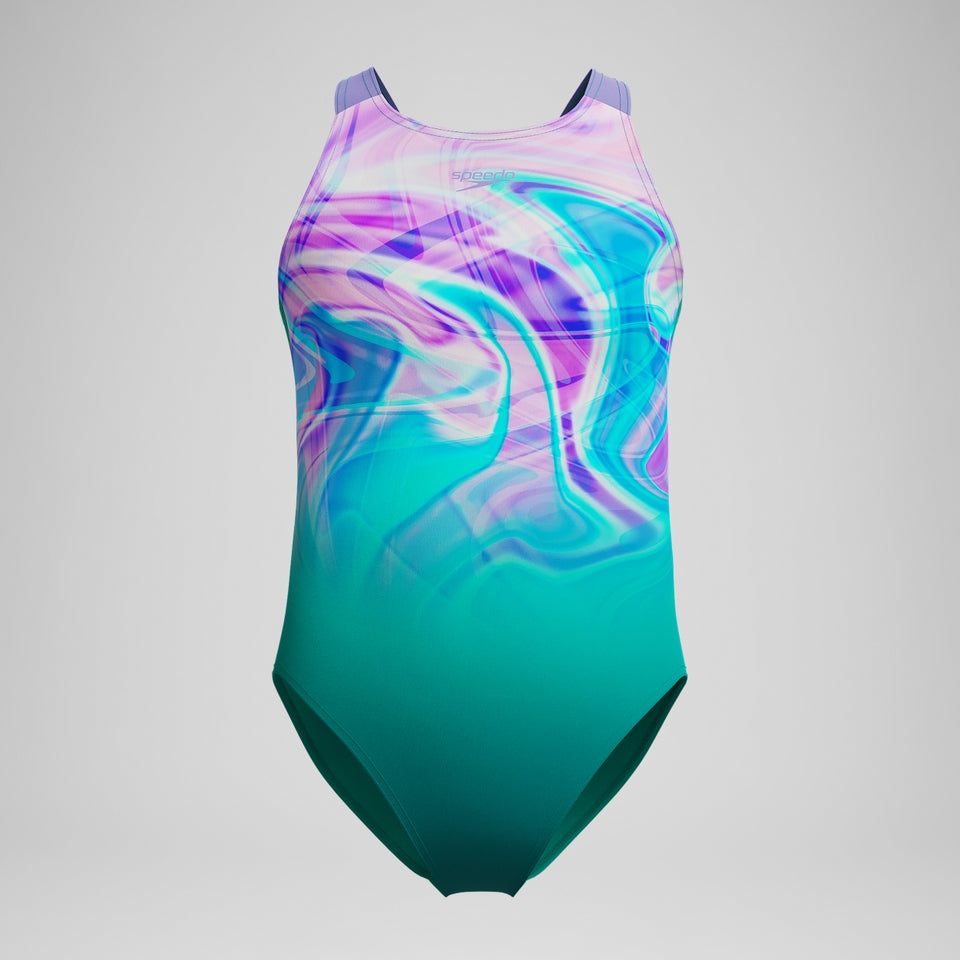 Girls Printed Pulseback Swimsuit Green/Pink | Speedo