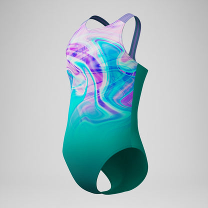 Girls Printed Pulseback Swimsuit Green/Pink | Speedo