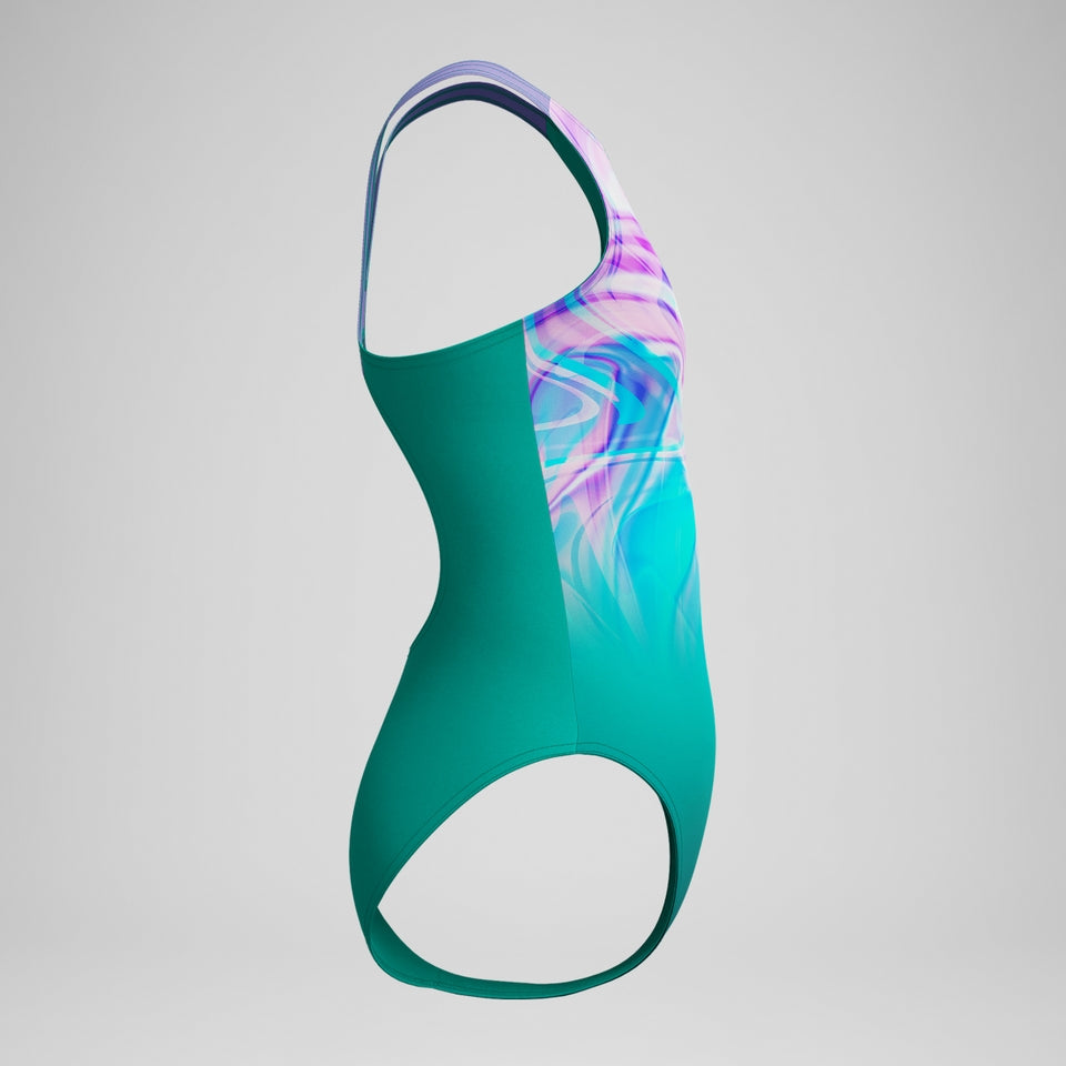Girls Printed Pulseback Swimsuit Green/Pink | Speedo