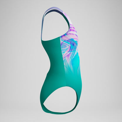 Girls Printed Pulseback Swimsuit Green/Pink | Speedo