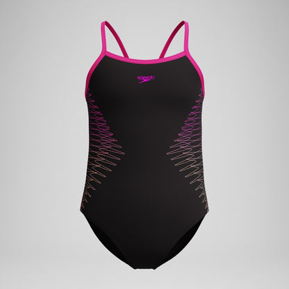 Girls Plastisol Placement Thinstrap Swimsuit Black/Pink | Speedo